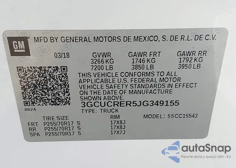 2018 Chevrolet Silverado 1500 1Lt z USA, uszkodzony, nr VIN 3GCUCRER5JG349155